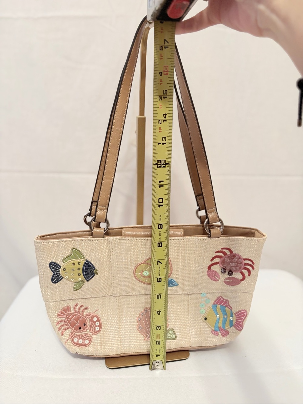 beige woven beach theme shoulder handbag from Rosetti. - Picture 6 of 11